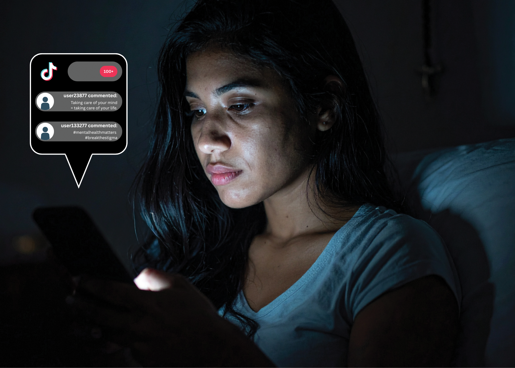 A girl, in dark room, scrolling on Tiktok exposed to mental health related videos